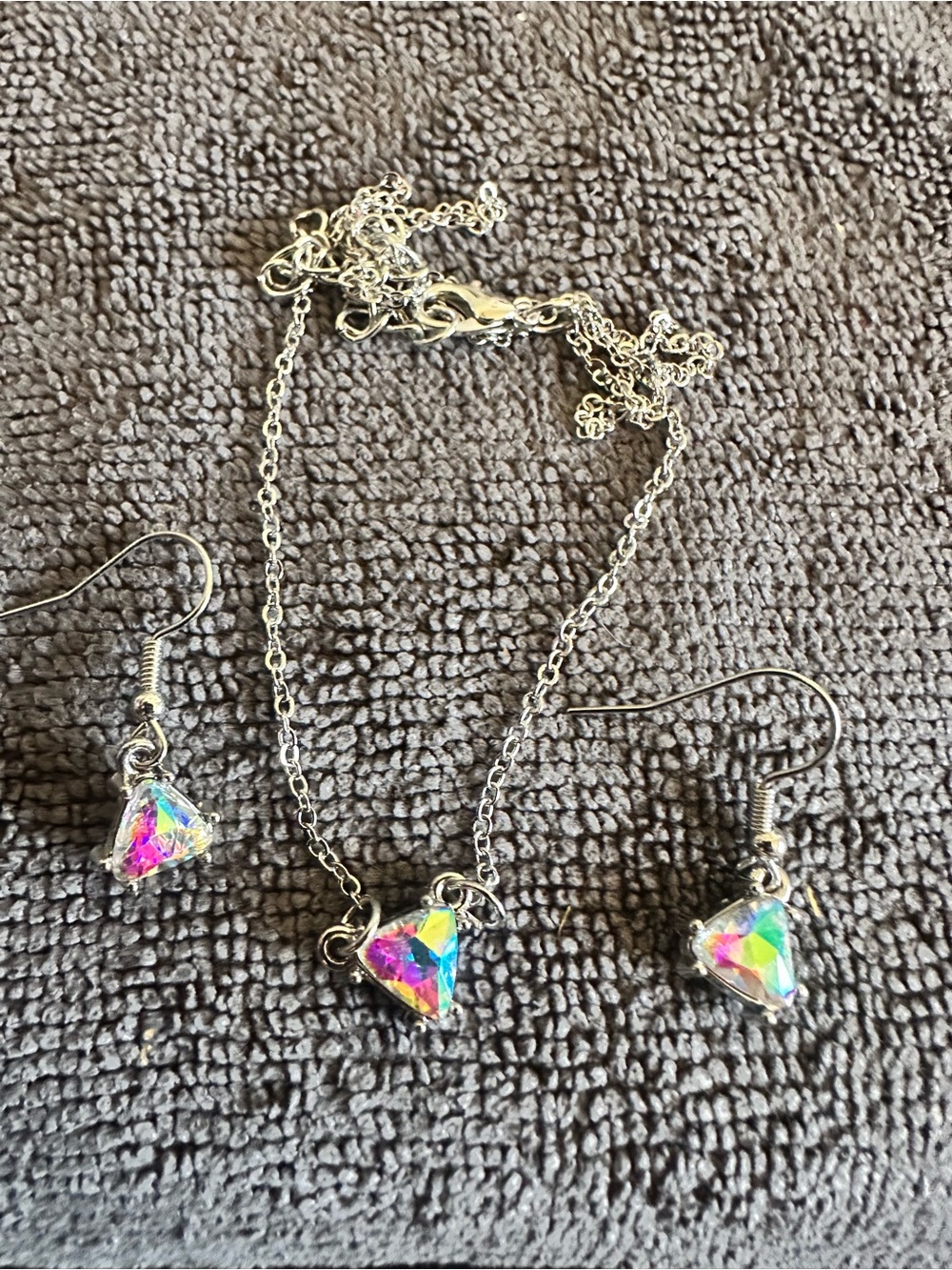 Unk Silver-Tone Necklace & Earrings with Iridescent Triangle Stones